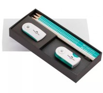 Подарочный набор Graf von Faber-Castell  Design Sparkle 3 чернографитовых карандаша (белый, 2 бирюзовых), точилка + ластик Sleeve mini, бело-бирюзовый NEW